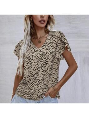 SHEIN Tan and black leopard print blouse with ruffle sleeves #leopardprint